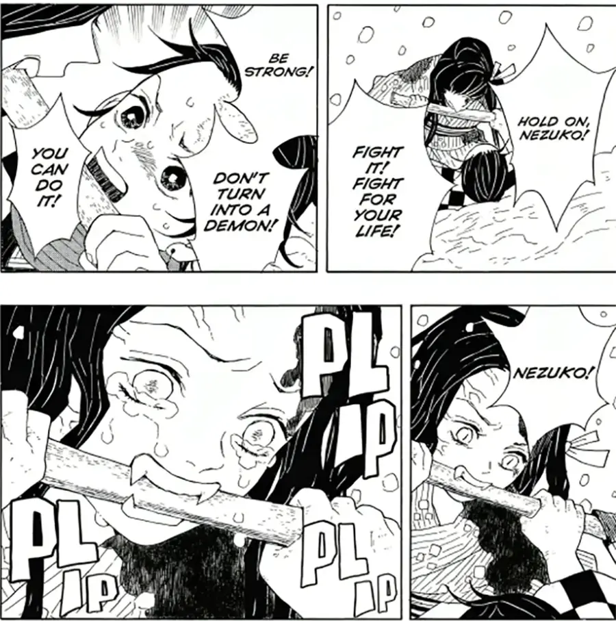 Nezuko turns into a demon and tries to eat Tanjirooo